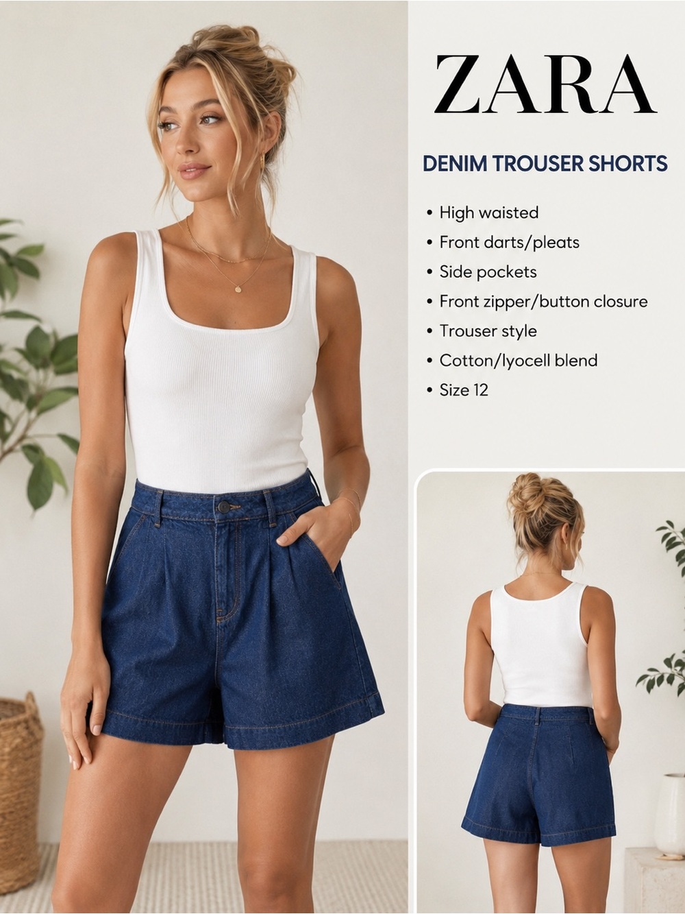 Zara Denim High Waisted Pleated Trouser Shorts Dark Wash Size 12